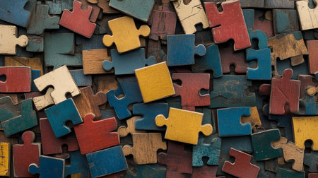 A collection of wooden puzzle pieces with a distressed paint finish in various colors, including red, blue, yellow, green, and brown.の素材
