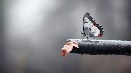Butterfly with white, black, and red markings, delicately perched on a dark branch next to a brown leaf.の素材
