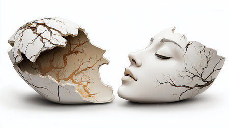 A cracked eggshell reveals a serene face, suggesting fragility, rebirth, and inner beauty. The eggshell is white with intricate cracks and golden veins. The face has closed eyes.の素材