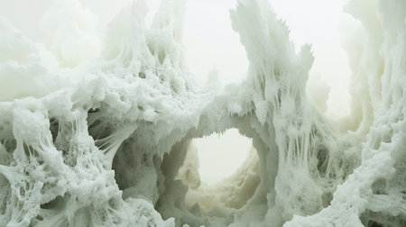 Intricate, porous ice structures with hanging icicles create a surreal, otherworldly natural formation.の素材