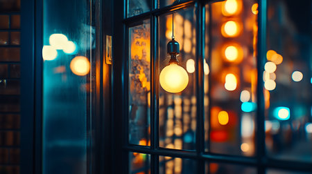 A single, warm Edison bulb hangs illuminated, casting a soft glow through a dark, gridded window pane.の素材