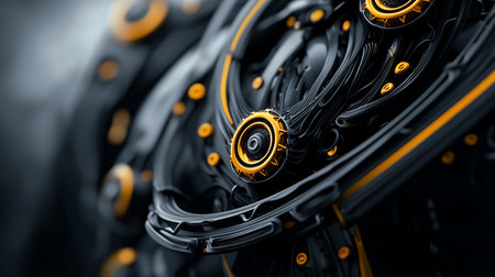 A close-up of a complex, abstract mechanism featuring matte black interwoven wires, metallic yellow circular accents, and intricate, layered textures.の素材