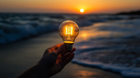 A human hand gently holds a classic clear glass incandescent light bulb. Its intricate filament glows brightly, emitting a warm yellow-orange light from the pear-shaped glass.の素材