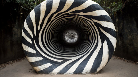 A large, cylindrical sculpture featuring a black and white striped pattern, creating a tunnel-like optical illusion. The interior is dark.の素材