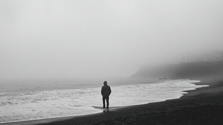 Person in a hooded jacket stands facing the ocean, waves lapping at the shore, in a monochrome, misty scene.の素材
