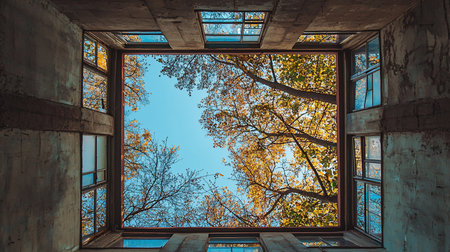 Symmetrical view from below of a rough concrete building with windows, creating a perfect frame for the golden autumn foliage and bright blue sky above.の素材