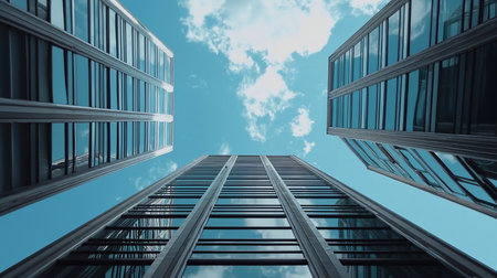 Modern skyscrapers with glass windows and a dark frame, viewed from below, reflecting the sky. The buildings are tall and sleek.の素材