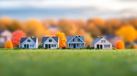 Four small, detailed model houses with varying colors and designs sit on green grass, backed by blurred autumn foliage.の素材