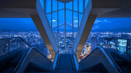 Interior view of a modern building with glass windows and escalators, showcasing a cityscape illuminated at night.の素材