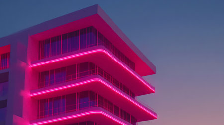 A modern building with a minimalist design, featuring neon pink lighting outlining the edges of the structure. The building has multiple levels.の素材