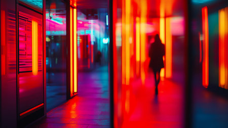 A silhouetted figure walks through a corridor illuminated by vibrant neon lights, creating an abstract and colorful scene.の素材
