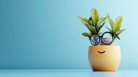 A cheerful yellow pot with a subtle smile, holding vibrant green plants, stacked silver coins, and wearing stylish black-rimmed glasses.の素材