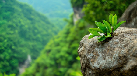 A small, vibrant green plant featuring multiple smooth, glossy, oval leaves firmly rooted in a rough, textured gray rock.の素材