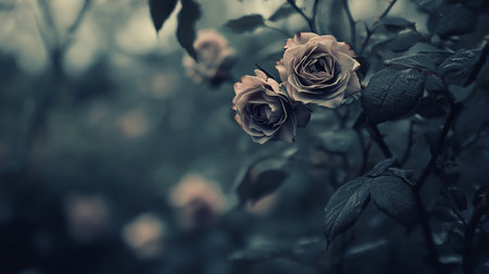 A close-up of two faded, mauve-pink roses with intricate petals, surrounded by dark, thorny stems and wet leaves in a moody, cool-toned setting.の素材