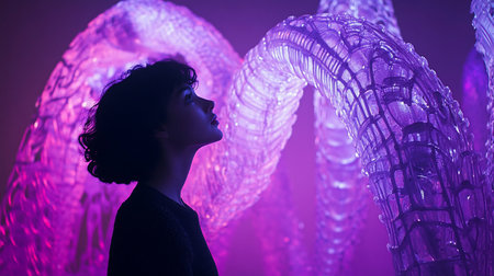 A woman with dark, curly hair looks upwards with wonder at a large, translucent, purple sculptural art piece with a complex, ribbed texture.の素材