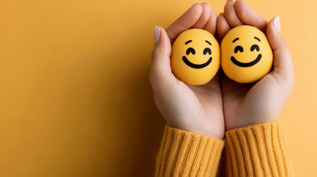 Two soft, fuzzy yellow emoji balls with smiling faces are cradled in a person's hands, conveying happiness and care.の素材