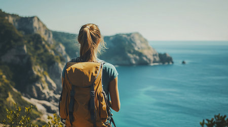 A woman with a yellow backpack stands, facing away, looking at a coastal landscape. She has blonde hair in a ponytail and wears a blue shirt.の素材