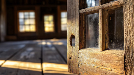 Close-up of an aged, rustic wooden window frame, showcasing deep grain, cracks, and visible nails. The glass panes are dusty and opaque.の素材