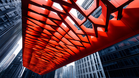 A striking red architectural structure with a geometric, angular design. The structure is composed of interconnected planes, creating a dynamic interplay of light and shadow.の素材