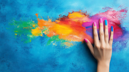 A manicured hand with glossy pink and blue nails rests on a vibrant, textured smear of rainbow paint. The paint shows thick brushstrokes in yellow, orange, red, and purple.の素材