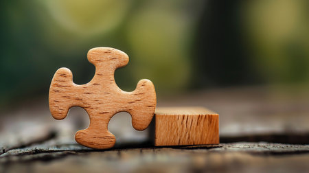 A light brown wooden puzzle piece stands next to a small wooden block on a textured wooden surface.の素材