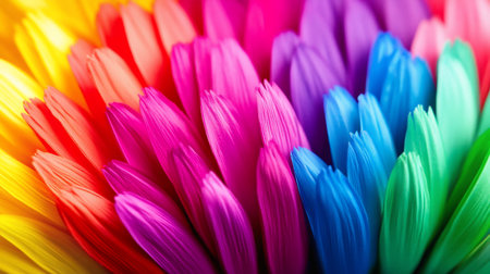 A macro perspective of a flower with brightly colored petals forming a rainbow gradient. The petals have a delicate, linear texture and are densely layered.の素材