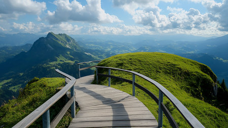 A curved wooden boardwalk with a railing guides visitors through a vibrant green, grassy mountain peak, offering panoramic views of distant valleys and peaks.の素材