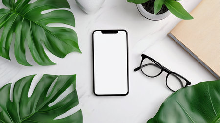 A modern smartphone with a blank white screen, black frame, and a minimalist design. The phone is positioned in the center.の素材