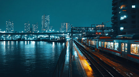 A modern train with illuminated windows sits at a station platform at night. A dark river reflects city lights and distant skyscrapers under a deep blue sky.の素材