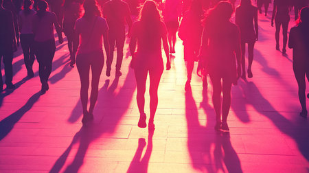 A large crowd of people seen from behind, their dark silhouettes casting long shadows on the pavement in a vibrant, warm pink glow.の素材