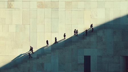 Group of silhouetted people walking up stone steps, casting long, dramatic shadows on the textured surface.の素材