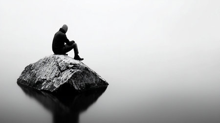 Person in a dark hoodie and jeans sits on a textured rock formation, reflecting in the water, monochrome.の素材