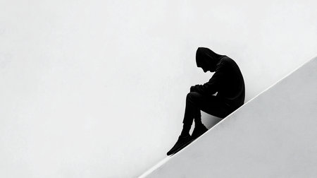A person wearing a black hoodie and pants sits on a white, angled surface. The person's head is bowed, and the pose suggests introspection.の素材