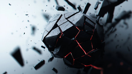 A black geometric sphere is breaking apart, revealing red glowing cracks. Fragments are scattered around. The sphere has a rough, textured surface.の素材