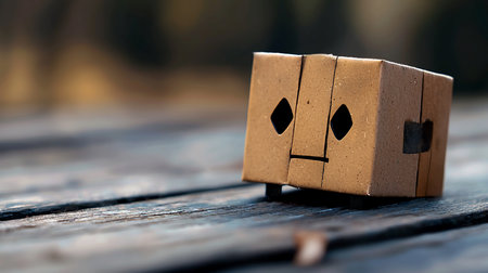 A small, boxy cardboard character with a sad, melancholic expression, featuring cut-out diamond-shaped eyes and a simple line for a mouth.の素材