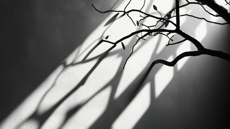 A dark, organic tree branch with slender twigs and small leaves, casting intricate, elongated shadows.の素材
