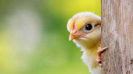 A close-up of a fluffy yellow chick with bright eyes peeking from behind a weathered wooden post, its tiny claw visible.の素材