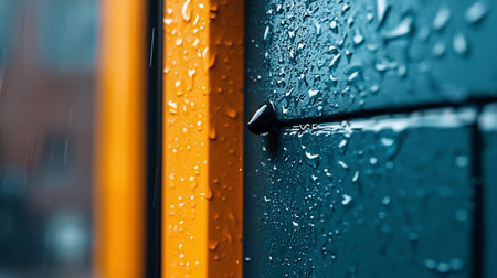 A vibrant composition of wet teal and yellow panels, adorned with countless glistening water droplets. A dark, rounded knob adds detail.の素材