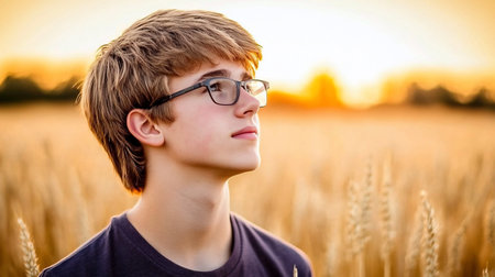 Young man with brown hair and glasses looking up, wearing a dark shirt, with a serene expression.の素材