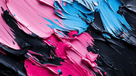 A macro view of thick, glossy paint in pink, blue, and black, applied with heavy texture and visible brushstrokes. Small splatters add detail to the abstract composition.の素材