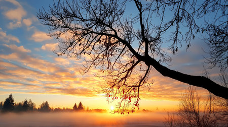 A dark silhouette of bare tree branches with few leaves, reaching across a colorful sky during sunrise, creating a stark contrast.の素材