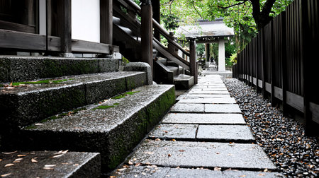 Dark, wet, textured stone steps covered in vibrant green moss ascend towards a traditional wooden building, beside a flat stone pathway and dark pebbles.の素材