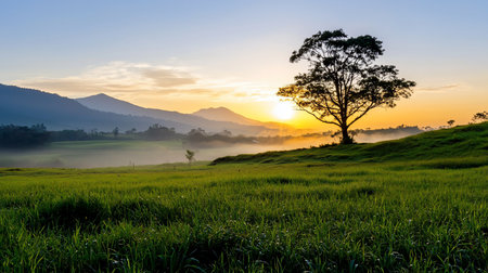Lush green grass covers rolling hills, leading to a prominent tree with dense foliage. Distant mountains are shrouded in atmospheric mist, illuminated by a brilliant golden sunrise.の素材
