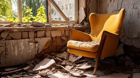 A dusty, worn yellow fabric armchair with wooden legs, showing signs of age and neglect, upholstered and textured.の素材