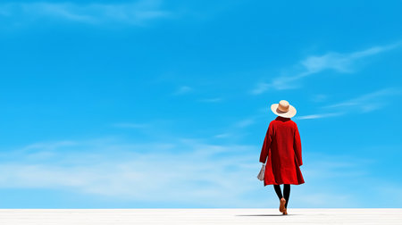 A woman, viewed from the back, walks away wearing a red coat, a wide-brimmed hat, black leggings, and carrying a bag.の素材