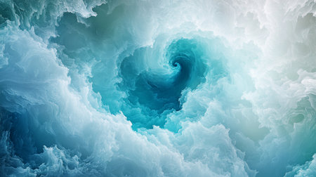 Detailed abstract blue and white fractal vortex with intricate cloud-like textures, creating dynamic movement towards a deep cyan core.の素材