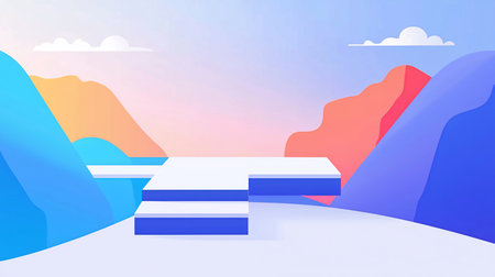 A geometric platform with a white surface and blue steps, designed with a clean, minimalist aesthetic. It has a modern and abstract design.の素材
