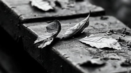 Detailed view of fallen, dry, textured autumn leaves with visible veins resting on a rough, weathered wooden surface.の素材