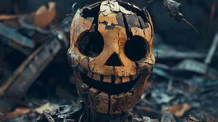 Fragmented wooden skull head, painted yellow with peeling texture, features hollow eyes, triangular nose, and wide, blocky, eerie smile.の素材