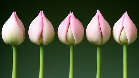 Five delicate pink tulip buds, tightly closed, stand upright. Smooth petals display subtle vertical lines, transitioning to light green bases and sturdy green stems.の素材
